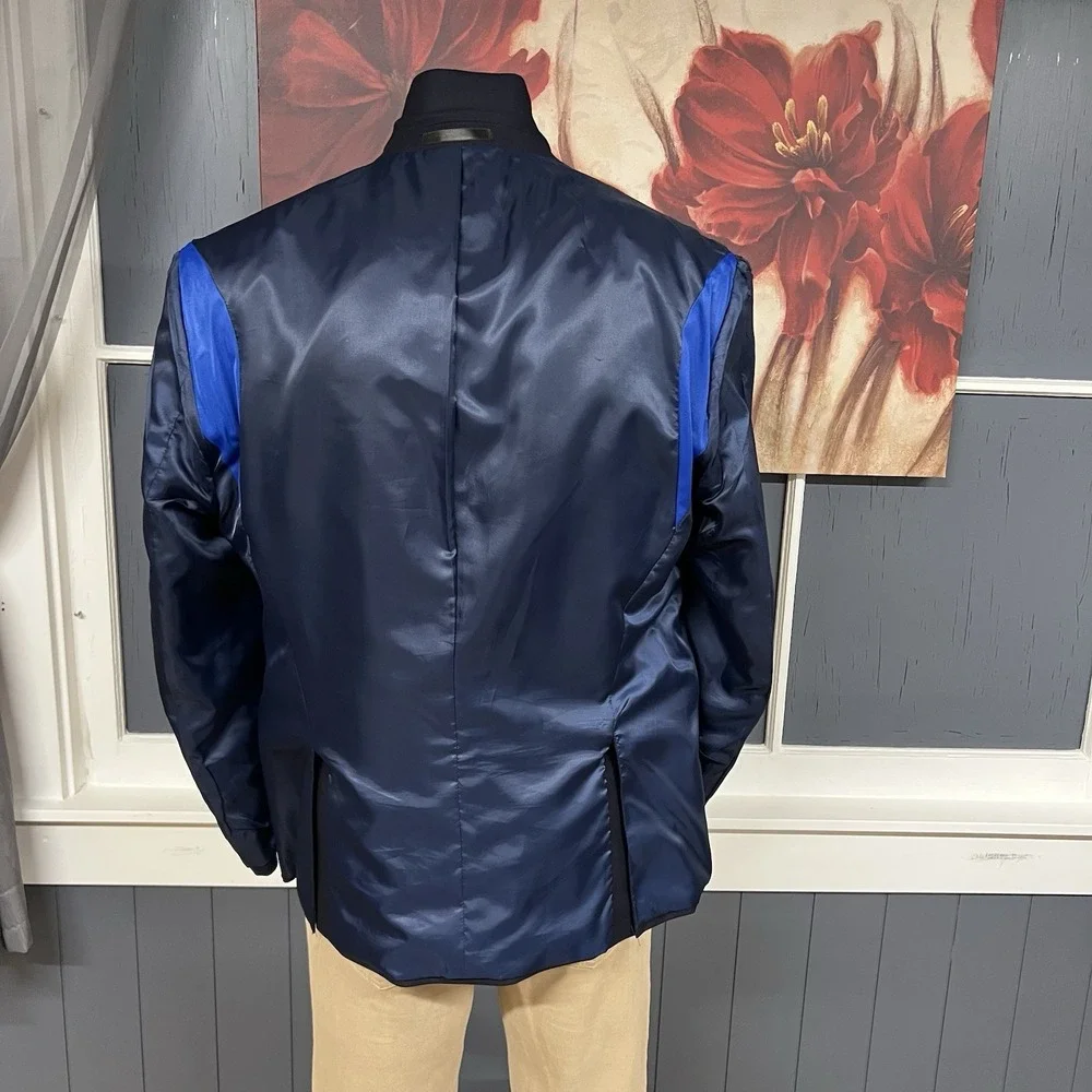 Kenneth Cole Blazer Jacket Sport Coat Mens 46R Polyester Blend Stretch Dark Navy